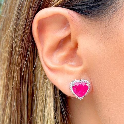 BRINCO FUSION TURMALINA ROSA ZIRCONIA BRANCA CORAÇÃO BORDADO
