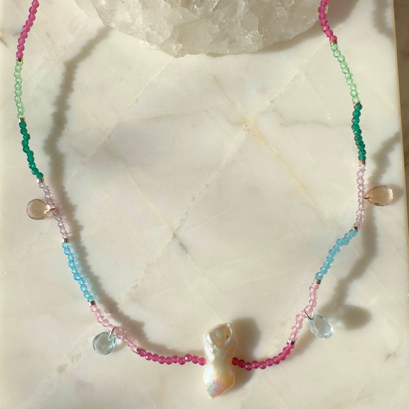 COLAR PÉROLA BARROCA CRISTAL MORGANITA CRISTAL TOPAZIO AZUL FIO